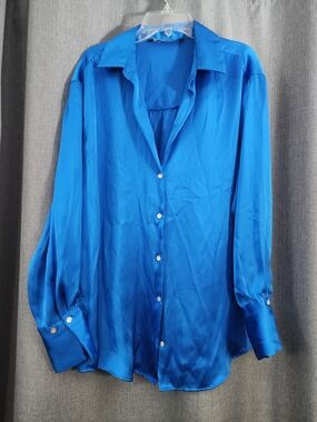 Zara Vibrant Blue Satin Button-Down Shirt